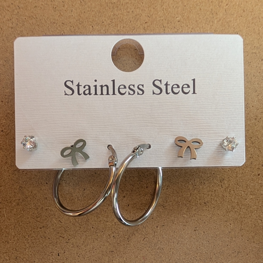 Stainless Steel Silver Bow Earrings Set